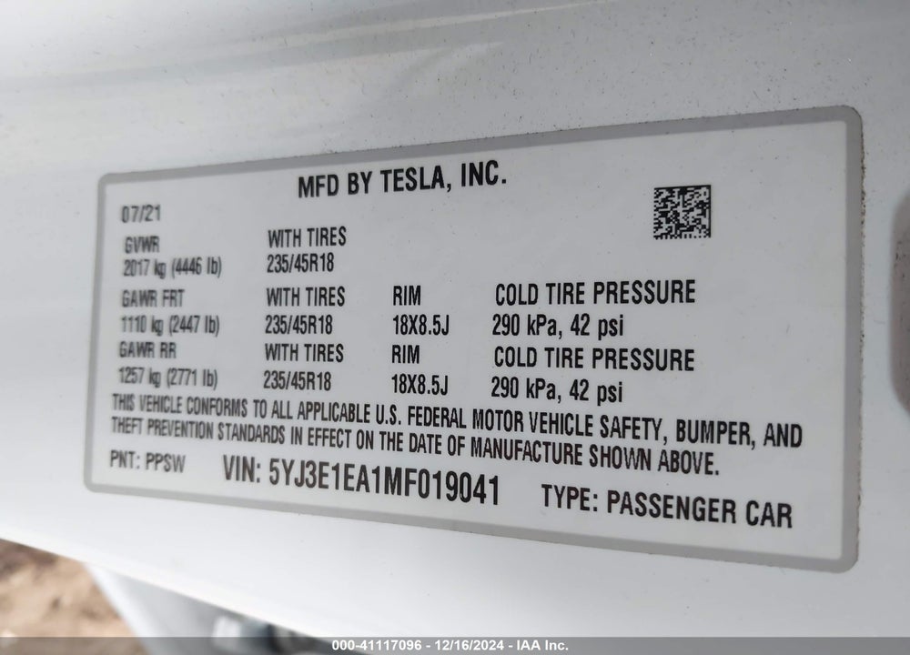 2021 TESLA MODEL 3 STANDARD RANGE PLUS REAR-WHEEL DRIVE VIN: 5YJ3E1EA1MF019041
