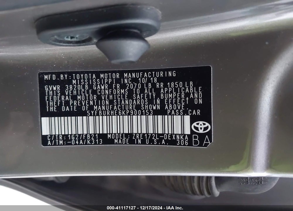 2019 TOYOTA COROLLA LE VIN: 5YFBURHE6KP900153