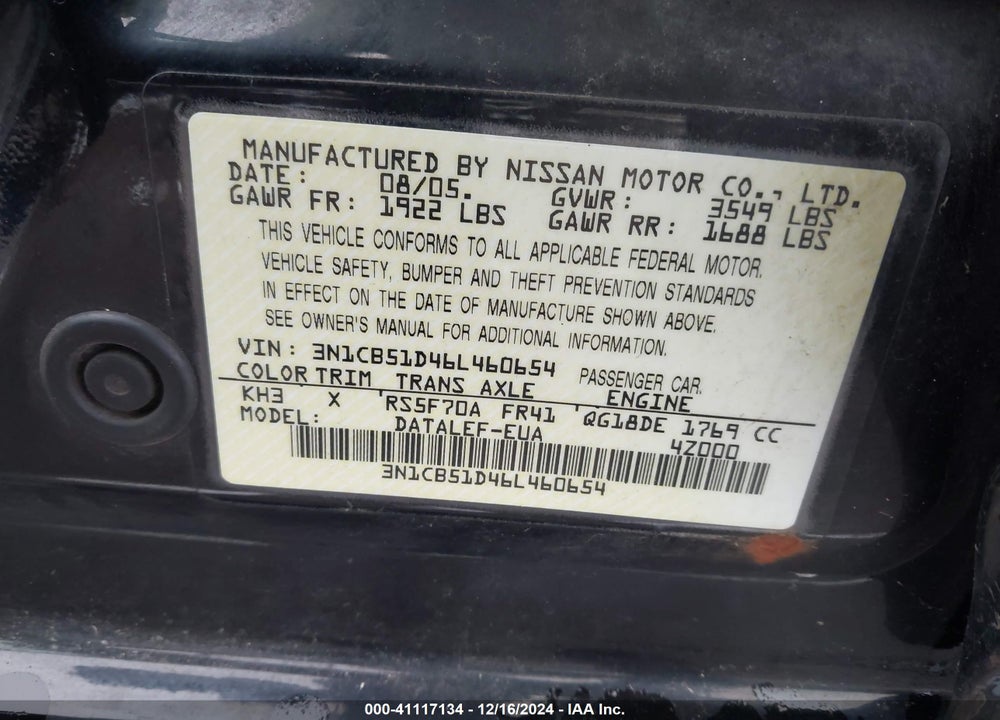 2006 NISSAN SENTRA 1.8S VIN: 3N1CB51D46L460654