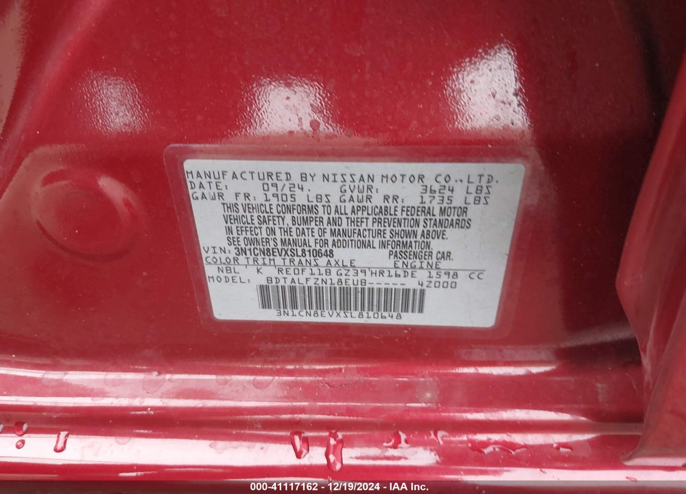2025 NISSAN VERSA 1.6 SV VIN: 3N1CN8EVXSL810648