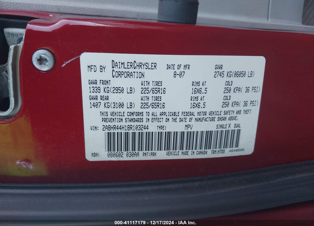 2008 CHRYSLER TOWN & COUNTRY LX VIN: 2A8HR44H18R103244