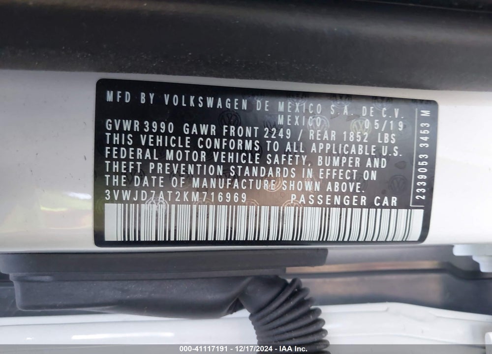 2019 VOLKSWAGEN BEETLE 2.0T SE VIN: 3VWJD7AT2KM716969
