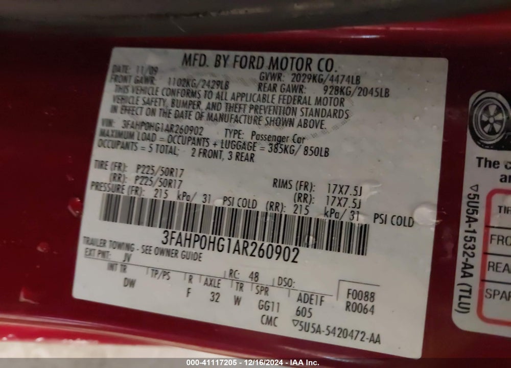 2010 FORD FUSION SE VIN: 3FAHP0HG1AR260902