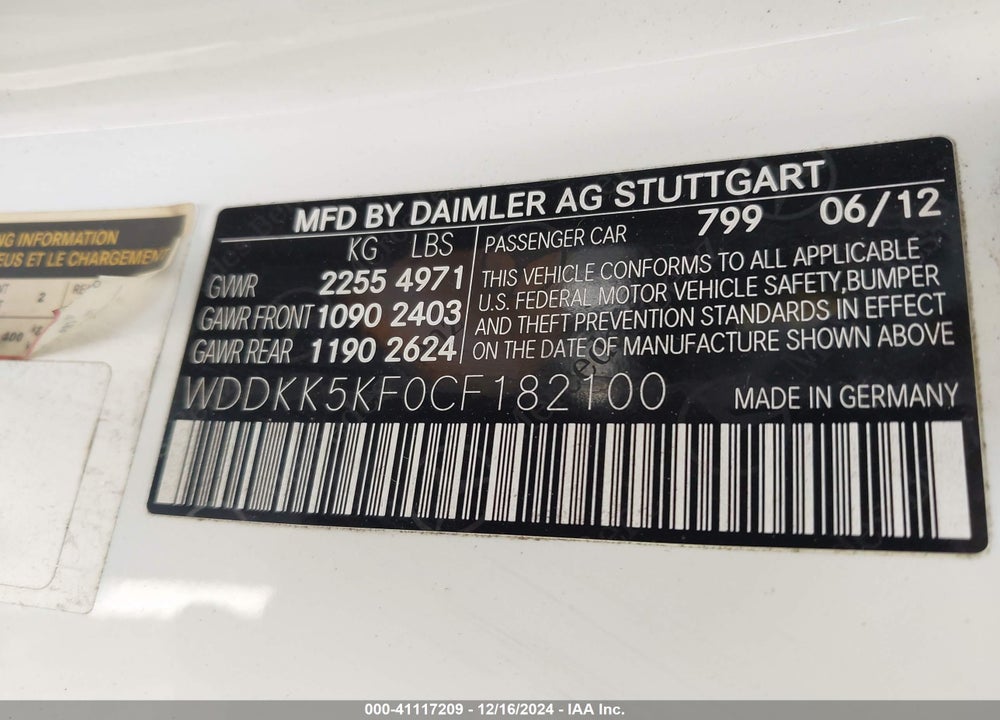 2012 MERCEDES-BENZ E 350 VIN: WDDKK5KF0CF182100