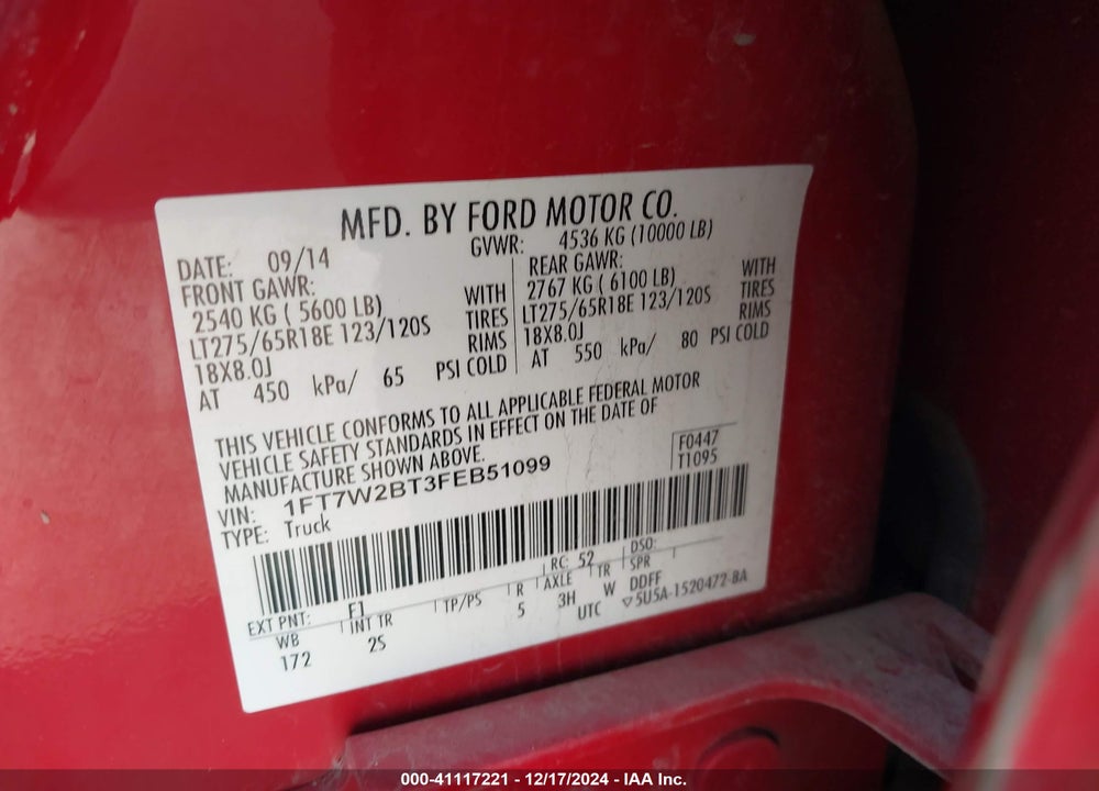 2015 FORD F-250 XLT VIN: 1FT7W2BT3FEB51099