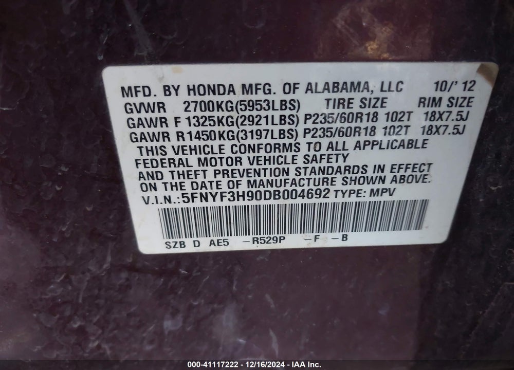 2013 HONDA PILOT TOURING VIN: 5FNYF3H90DB004692