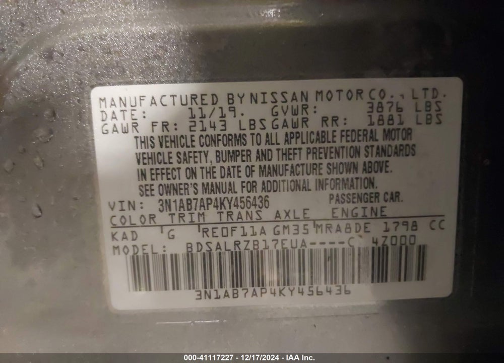 2019 NISSAN SENTRA VIN: 3N1AB7AP4KY456436