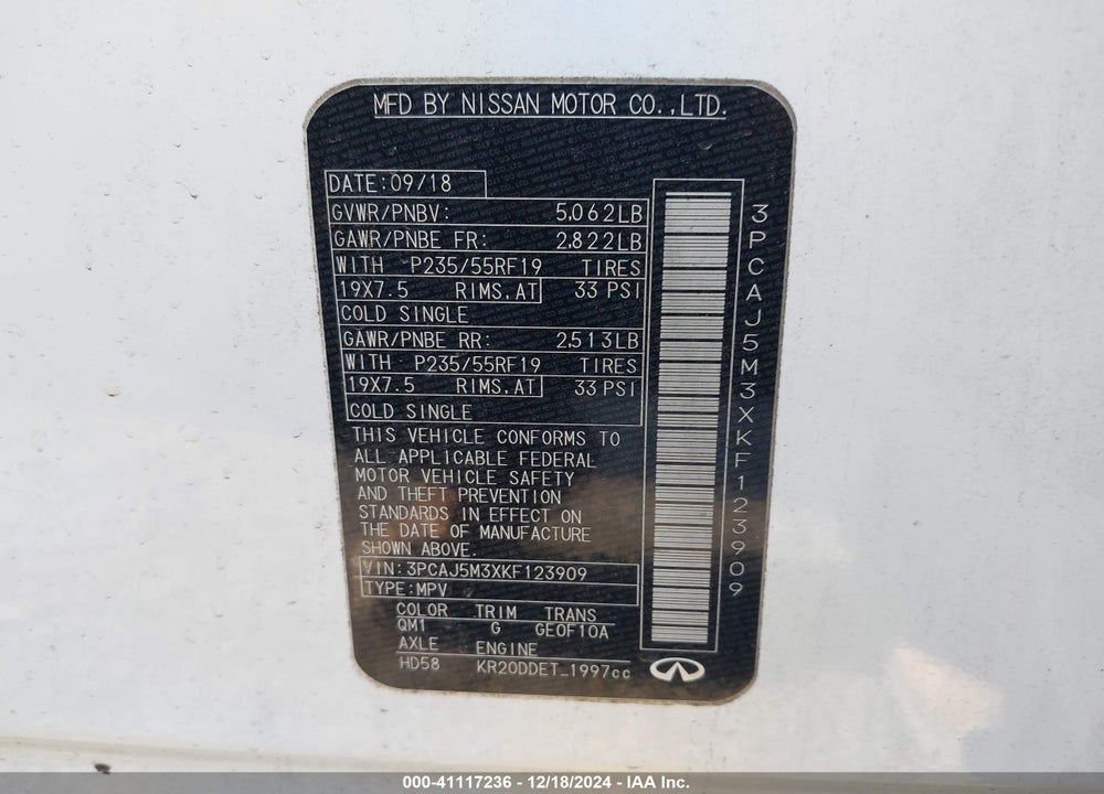 2019 INFINITI QX50 ESSENTIAL VIN: 3PCAJ5M3XKF123909