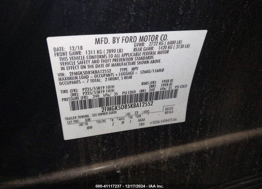 2019 FORD FLEX LIMITED VIN: 2FMGK5D85KBA12552