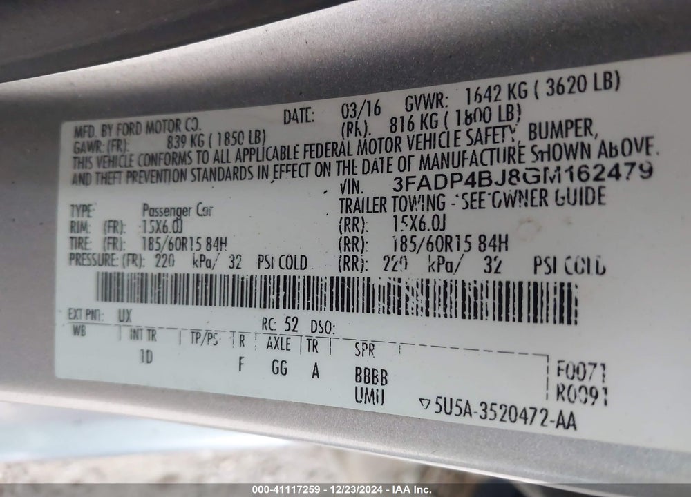 2016 FORD FIESTA SE VIN: 3FADP4BJ8GM162479