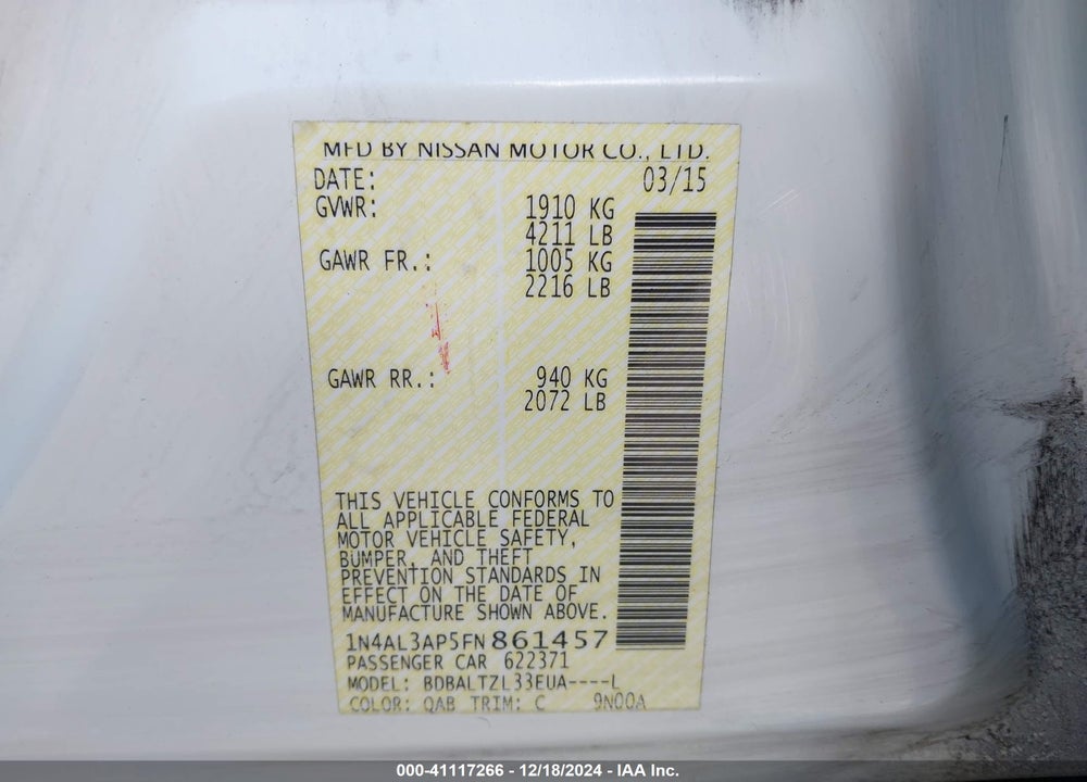 2015 NISSAN ALTIMA VIN: 1N4AL3AP5FN861457