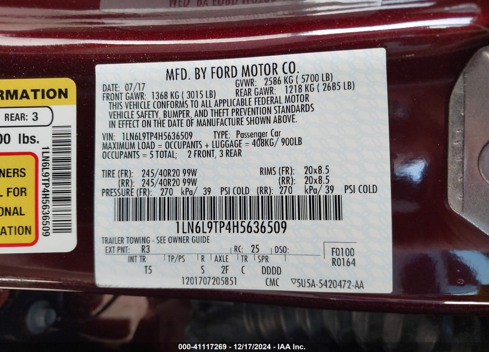 2017 LINCOLN CONTINENTAL SELECT VIN: 1LN6L9TP4H5636509