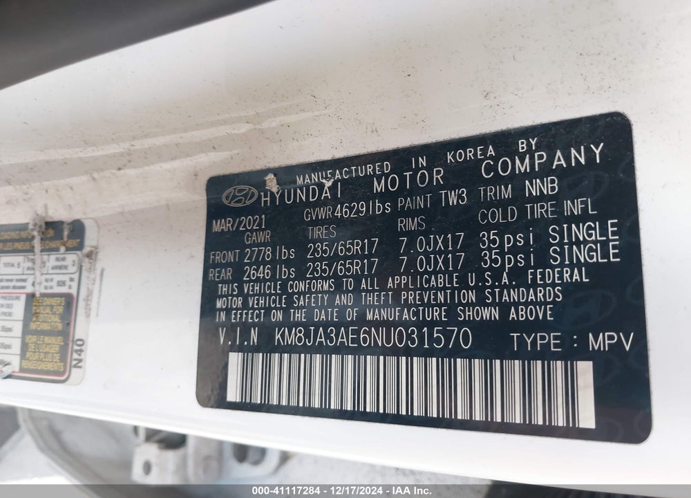 2022 HYUNDAI TUCSON SE VIN: KM8JA3AE6NU031570
