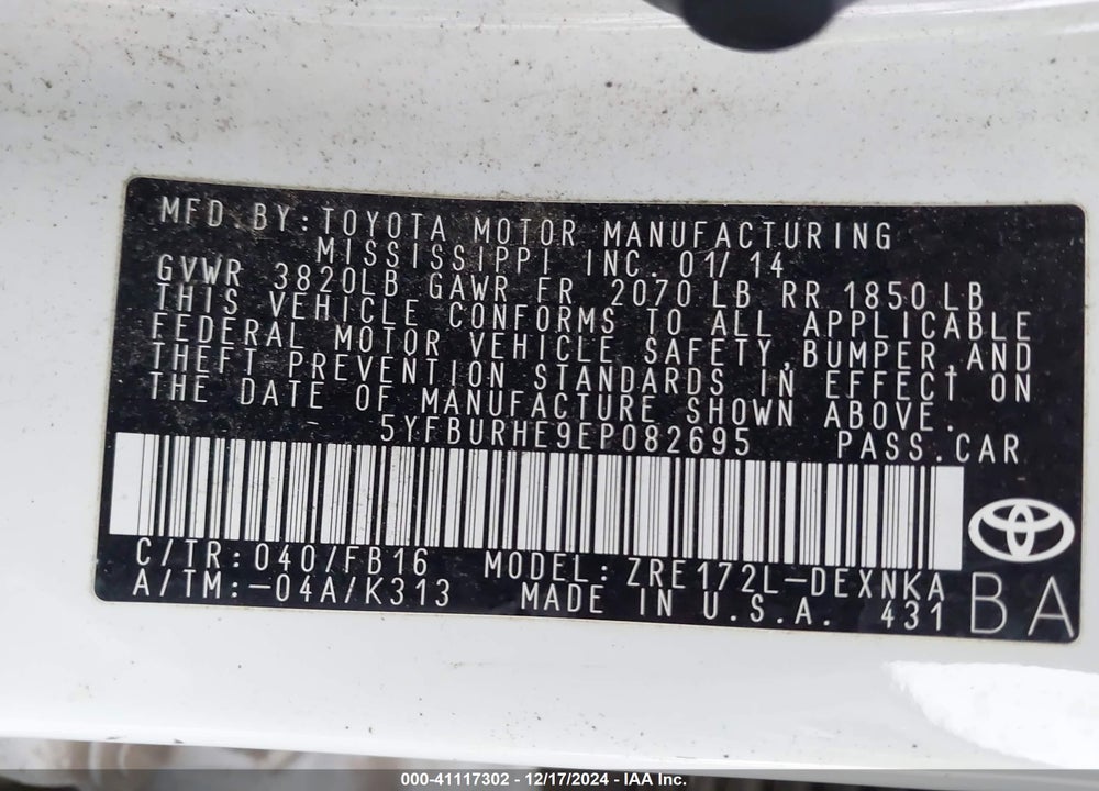 2014 TOYOTA COROLLA VIN: 5YFBURHE9EP082695