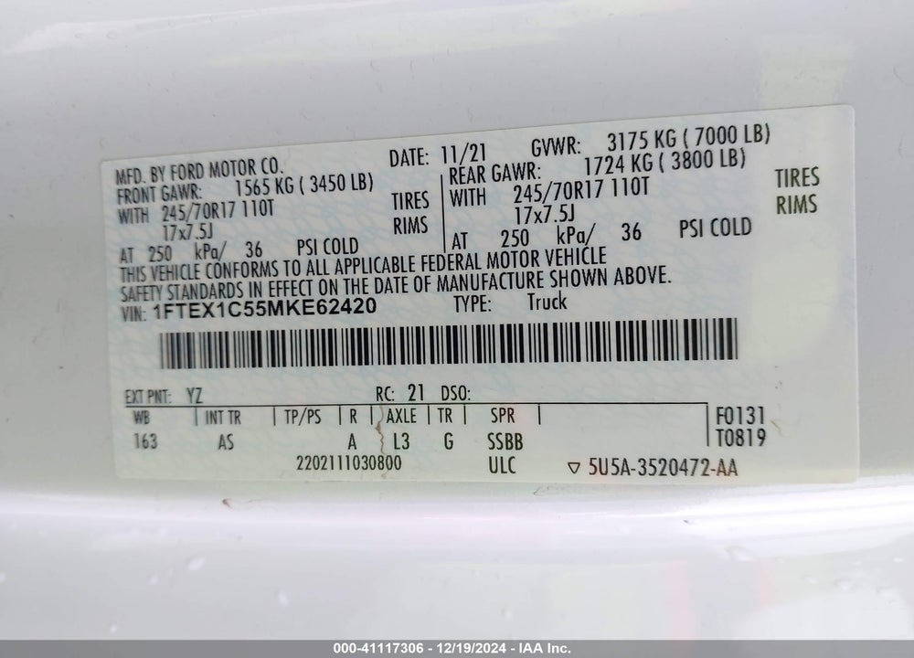 2021 FORD F-150 VIN: 1FTEX1C55MKE62420