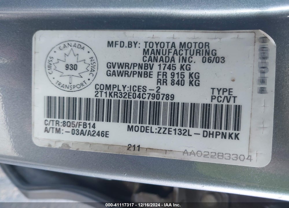 2004 TOYOTA MATRIX/XR VIN: 2T1KR32E04C790789