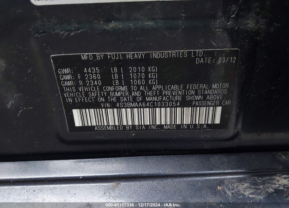 2012 SUBARU LEGACY 2.5I VIN: 4S3BMAA64C1033054