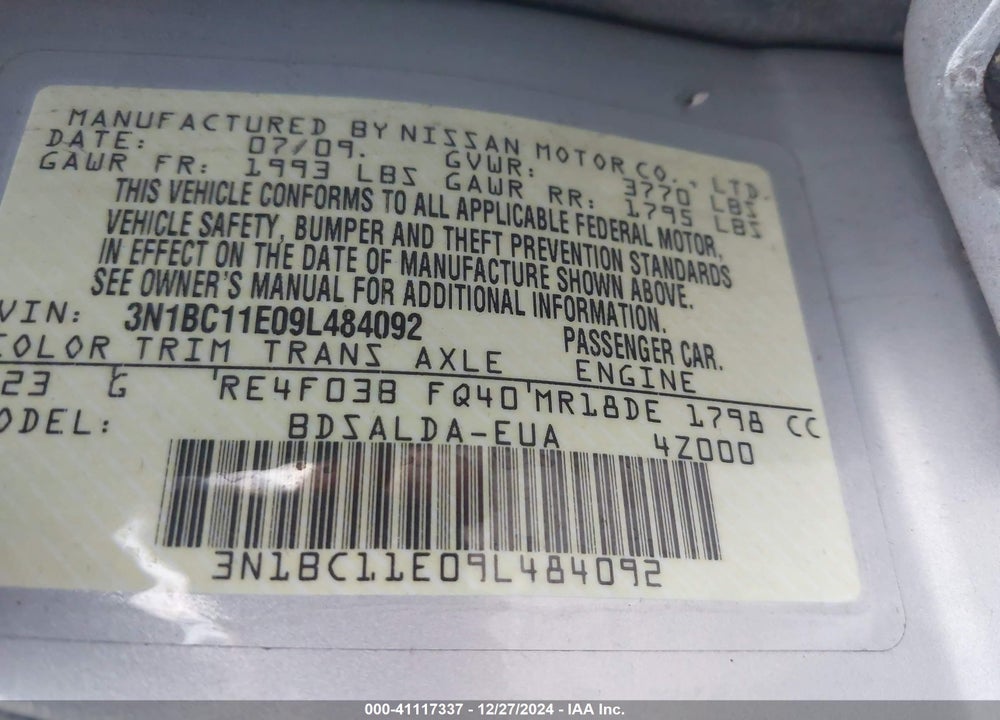 2009 NISSAN VERSA 1.8S VIN: 3N1BC11E09L484092
