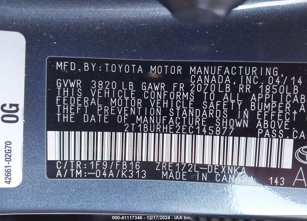 2014 TOYOTA COROLLA LE VIN: 2T1BURHE2EC145877