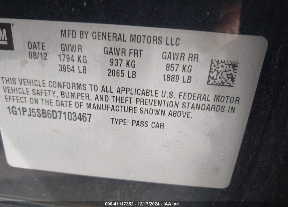 2013 CHEVROLET CRUZE ECO MANUAL VIN: 1G1PJ5SB6D7103467