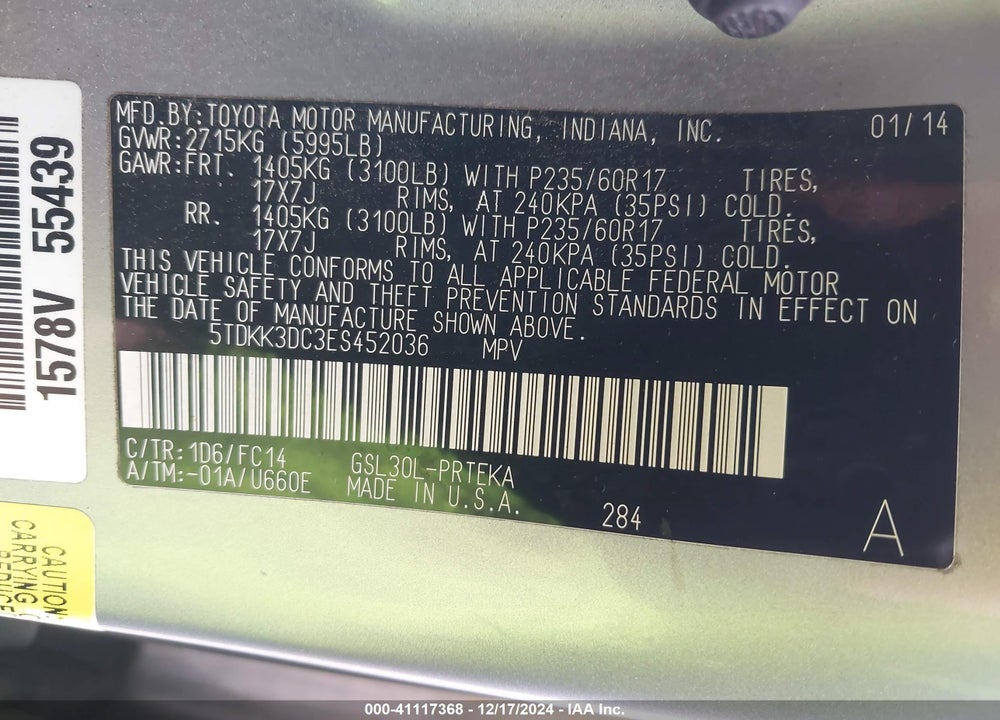 2014 TOYOTA SIENNA LE V6 8 PASSENGER VIN: 5TDKK3DC3ES452036