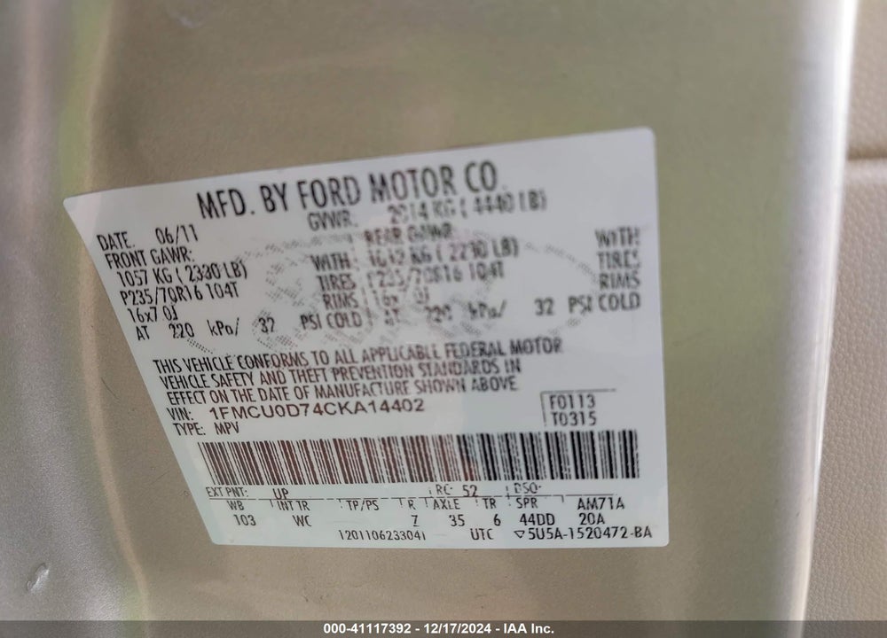2012 FORD ESCAPE VIN: 1FMCU0D74CKA14402