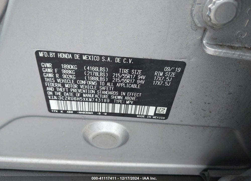 2019 HONDA HR-V EX VIN: 3CZRU6H5XKM743189