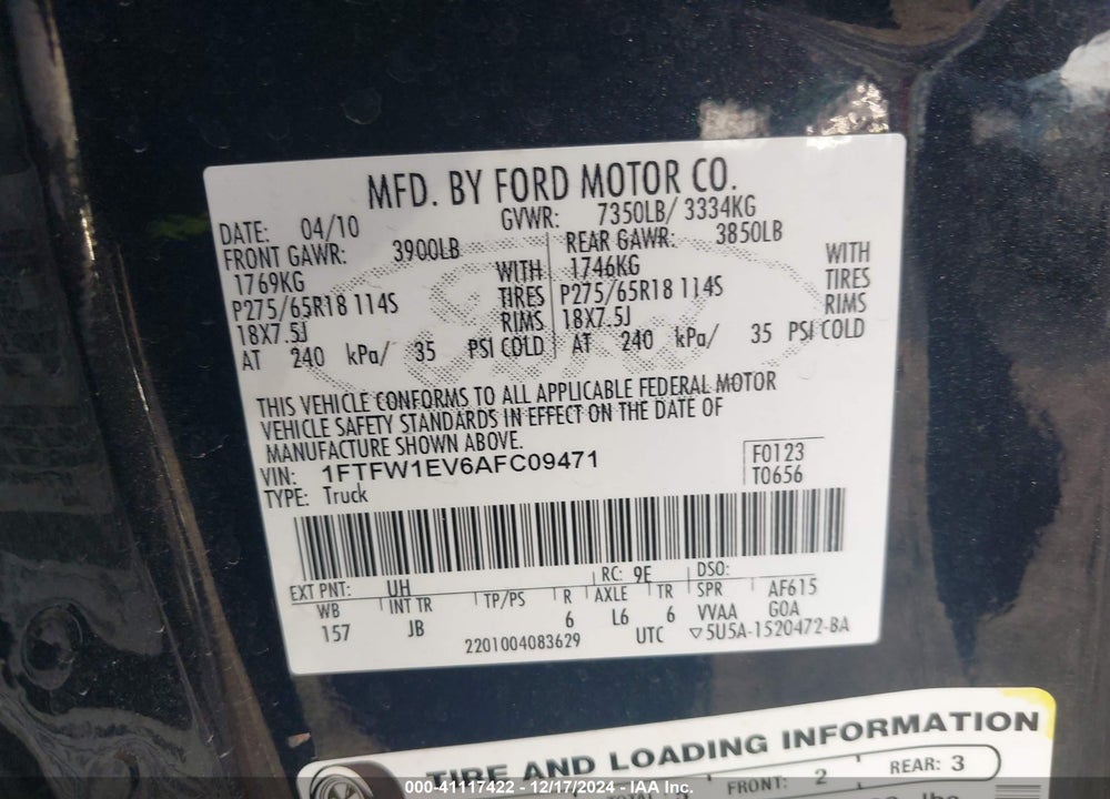 2010 HARLEY-DAVIDSON FORD F-150 FX4//KING RANCH/LARIAT/PLATINUM/XL/XLT VIN: 1FTFW1EV6AFC09471