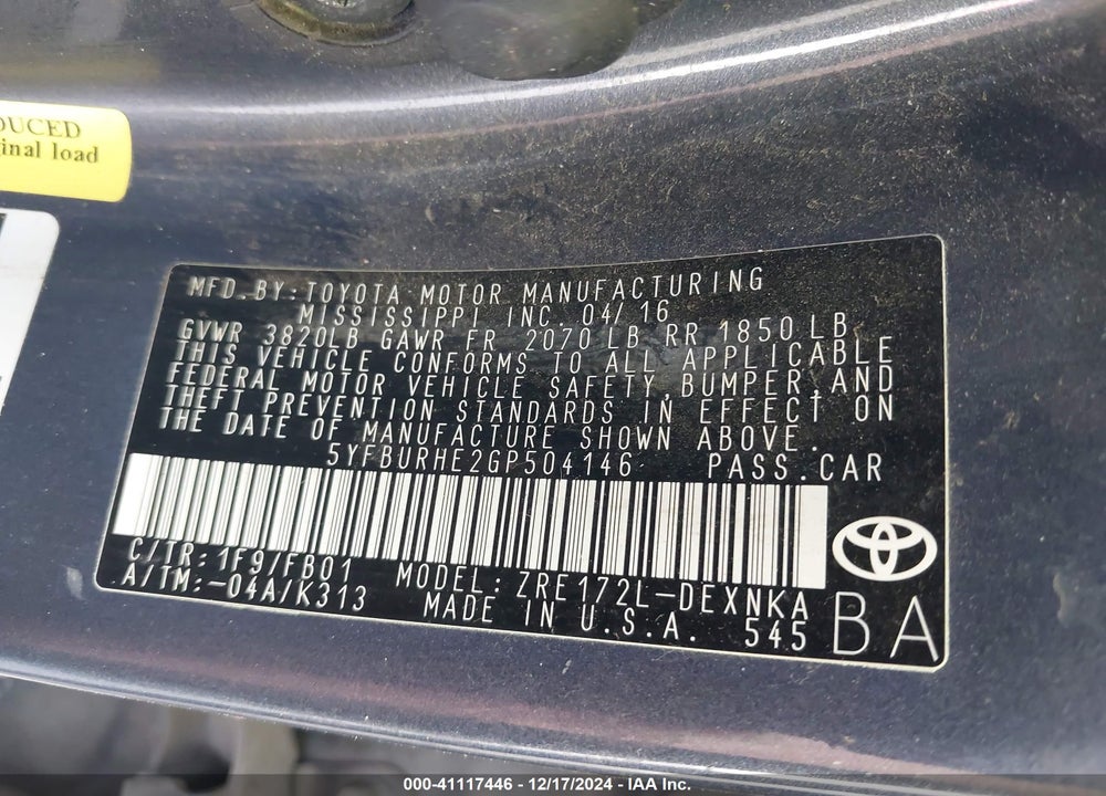 2016 TOYOTA COROLLA VIN: 5YFBURHE2GP504146