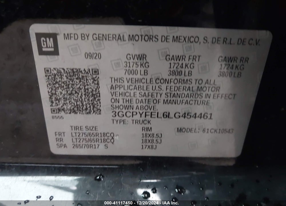 2020 CHEVROLET SILVERADO 1500 4WD SHORT BED LT TRAIL BOSS VIN: 3GCPYFEL6LG454461