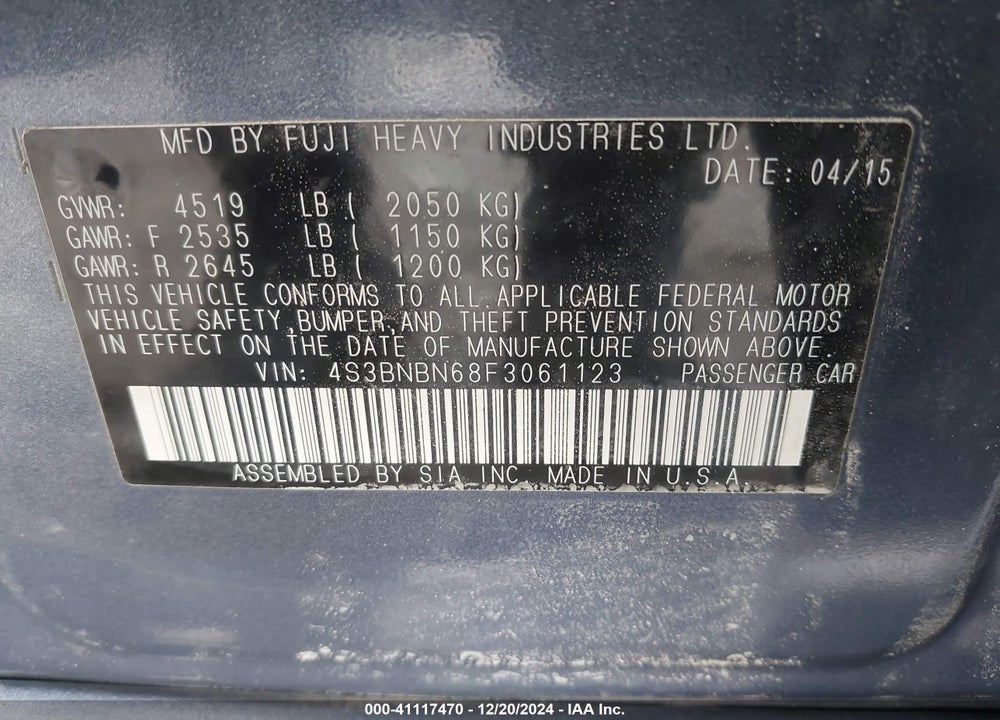 2015 SUBARU LEGACY VIN: 4S3BNBN68F3061123