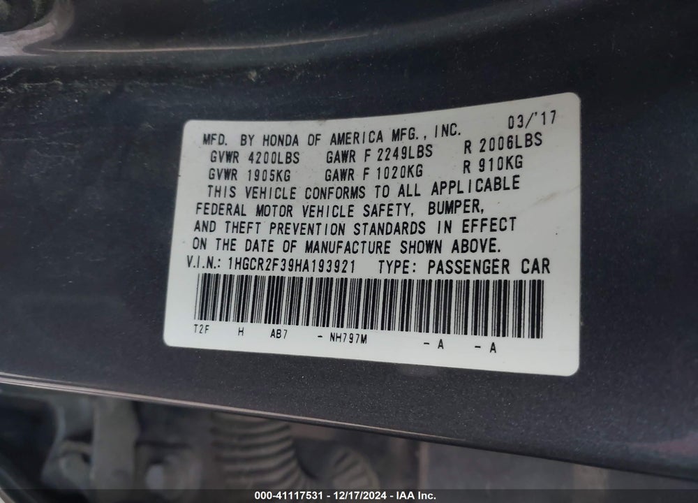 2017 HONDA ACCORD VIN: 1HGCR2F39HA193921