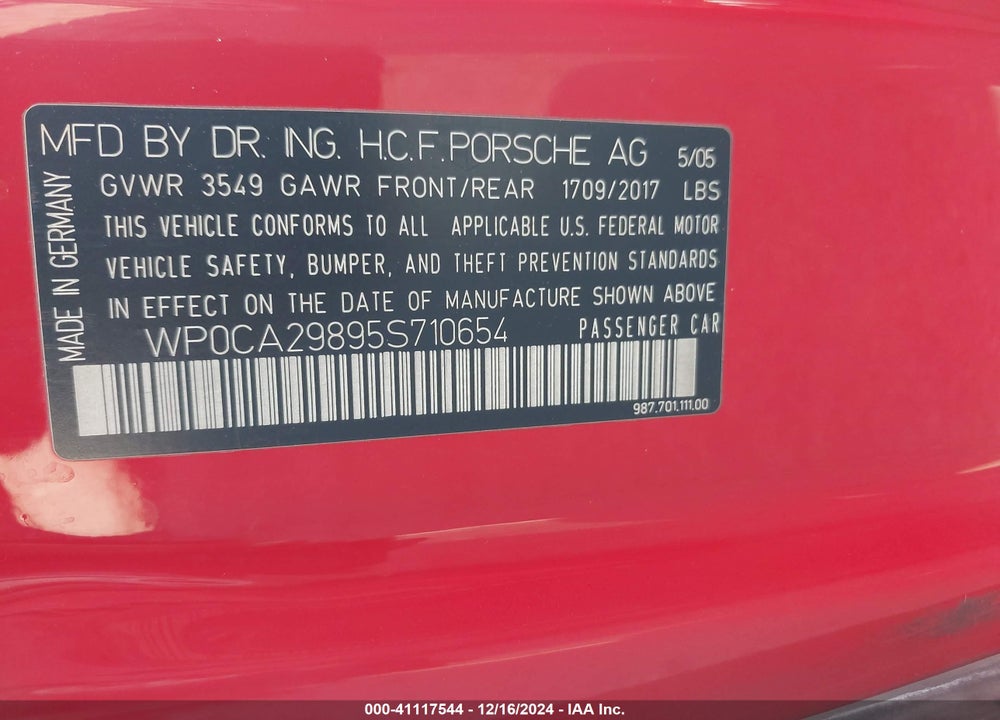 2005 PORSCHE BOXSTER VIN: WP0CA29895S710654