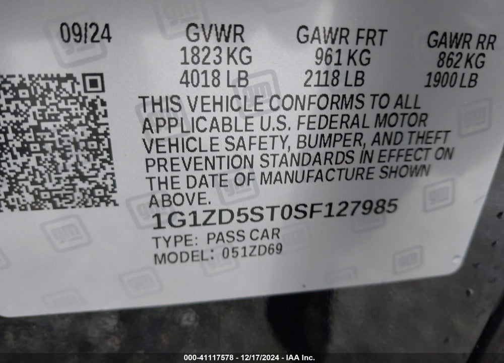2025 CHEVROLET MALIBU FWD 1LT VIN: 1G1ZD5ST0SF127985