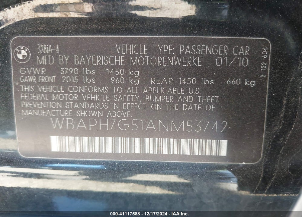 2010 BMW 328 VIN: WBAPH7G51ANM53742