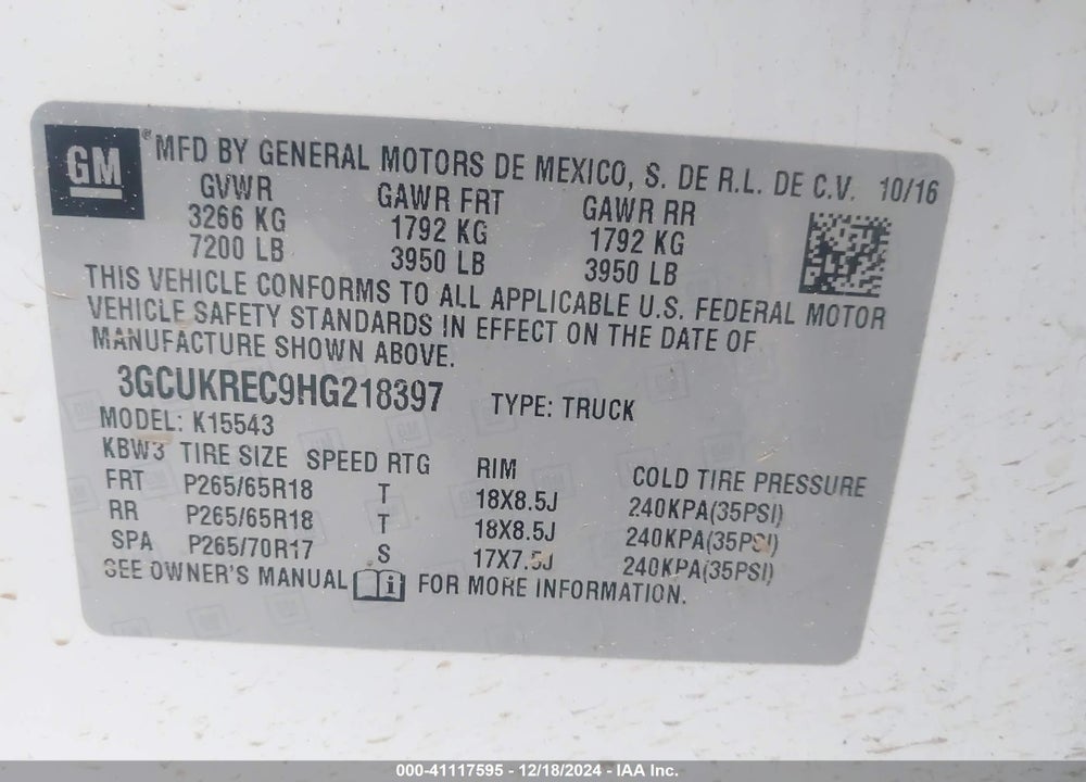 2017 CHEVROLET SILVERADO 1500 2LT VIN: 3GCUKREC9HG218397