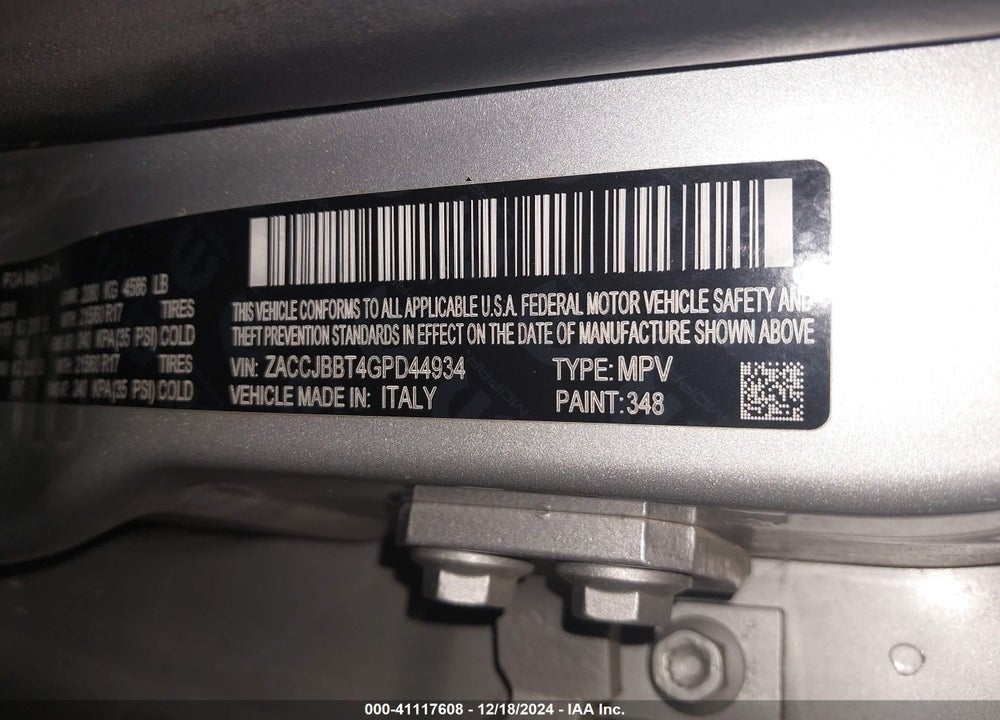 2016 JEEP RENEGADE VIN: ZACCJBBT4GPD44934