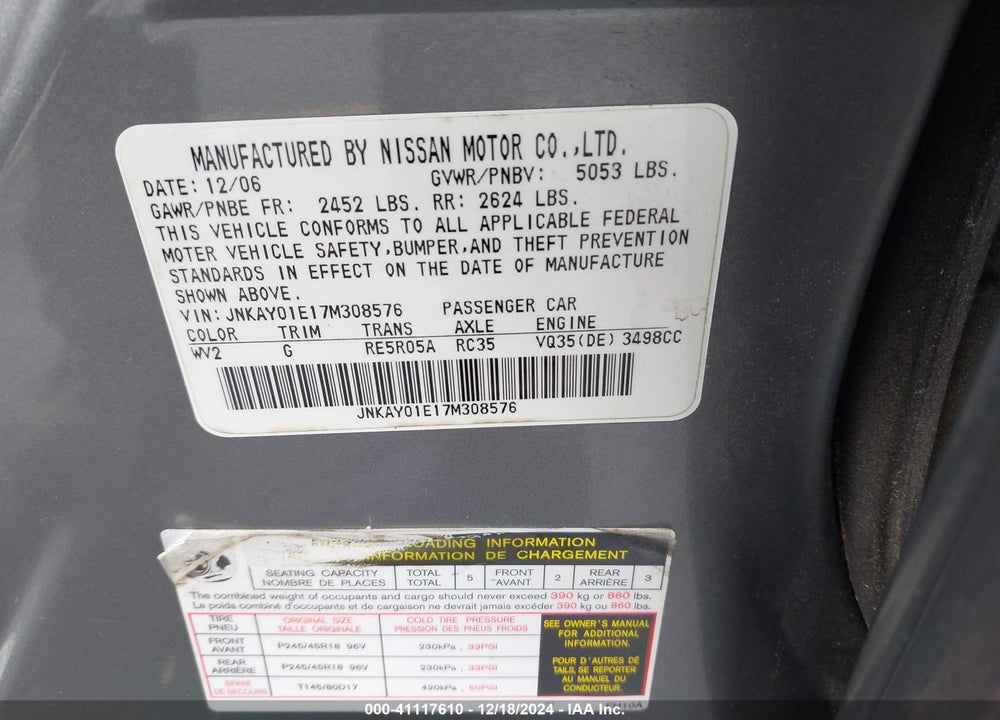 2007 INFINITI M35 VIN: JNKAY01E17M308576
