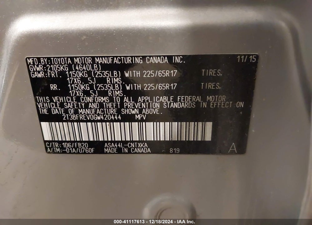 2016 TOYOTA RAV4 LE VIN: 2T3BFREV0GW420444