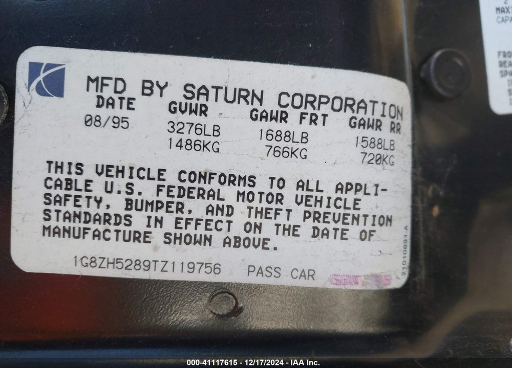 1996 SATURN SL1 VIN: 1G8ZH5289TZ119756