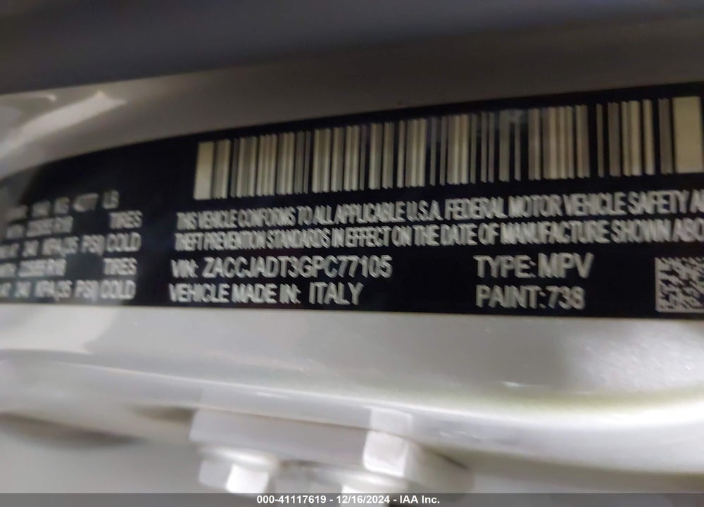 2016 JEEP RENEGADE LIMITED VIN: ZACCJADT3GPC77105