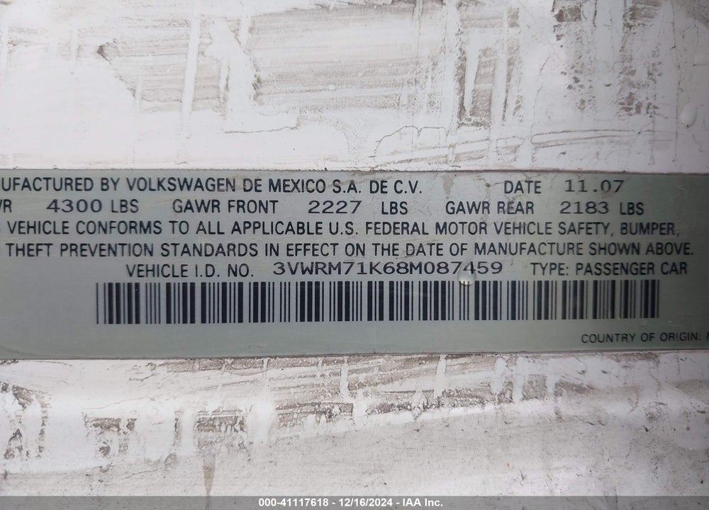 2008 VOLKSWAGEN JETTA VIN: 3VWRM71K68M087459