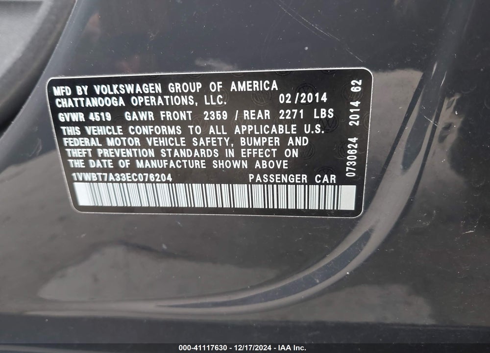 2014 VOLKSWAGEN PASSAT VIN: 1VWBT7A33EC076204
