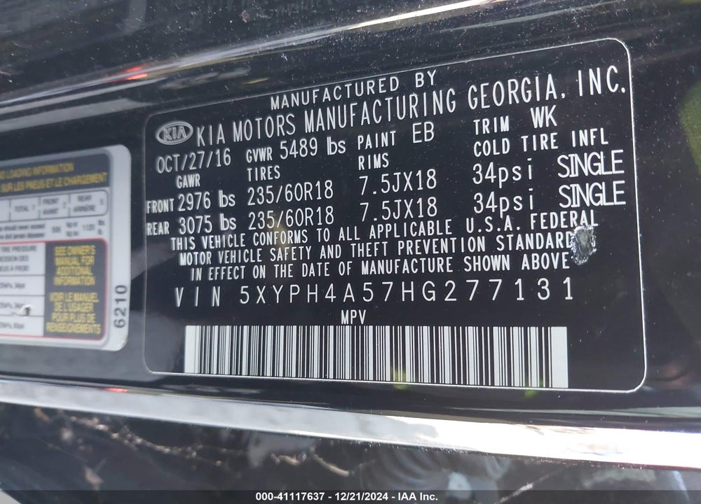 2017 KIA SORENTO 3.3L EX VIN: 5XYPH4A57HG277131
