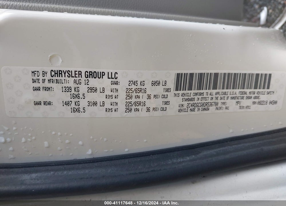 2013 DODGE GRAND CARAVAN SXT VIN: 2C4RDGCG0DR536780
