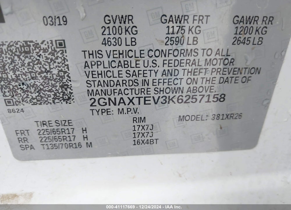 2019 CHEVROLET EQUINOX LT VIN: 2GNAXTEV3K6257158