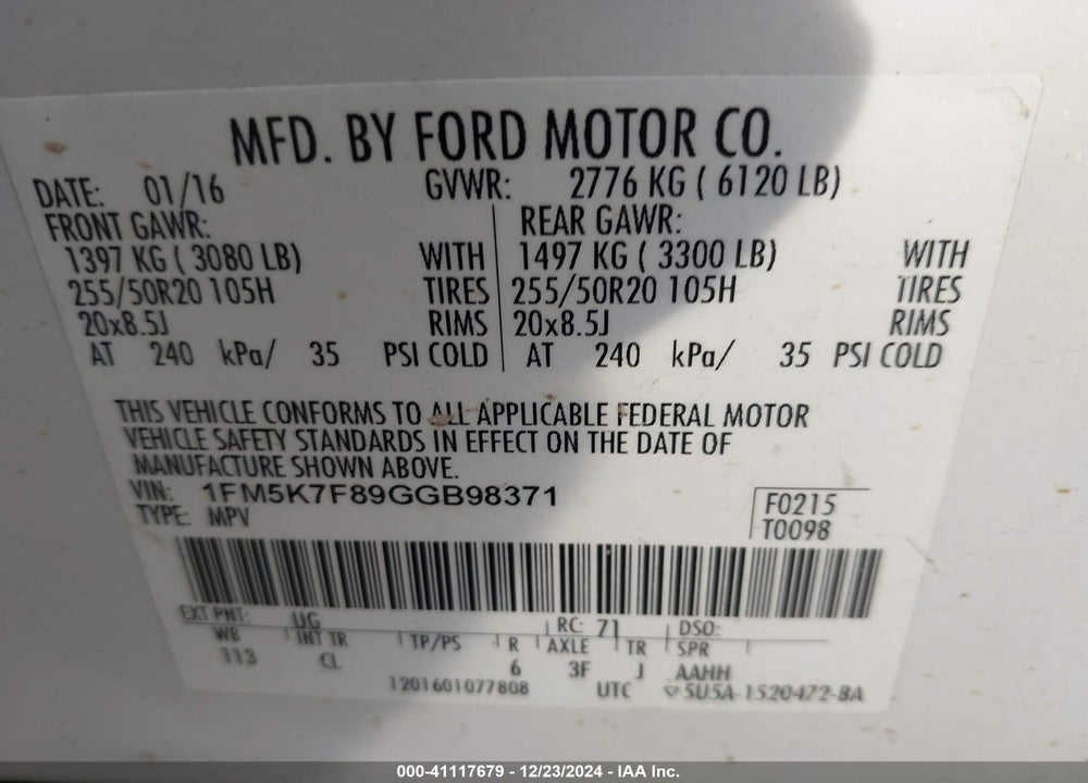 2016 FORD EXPLORER LIMITED VIN: 1FM5K7F89GGB98371