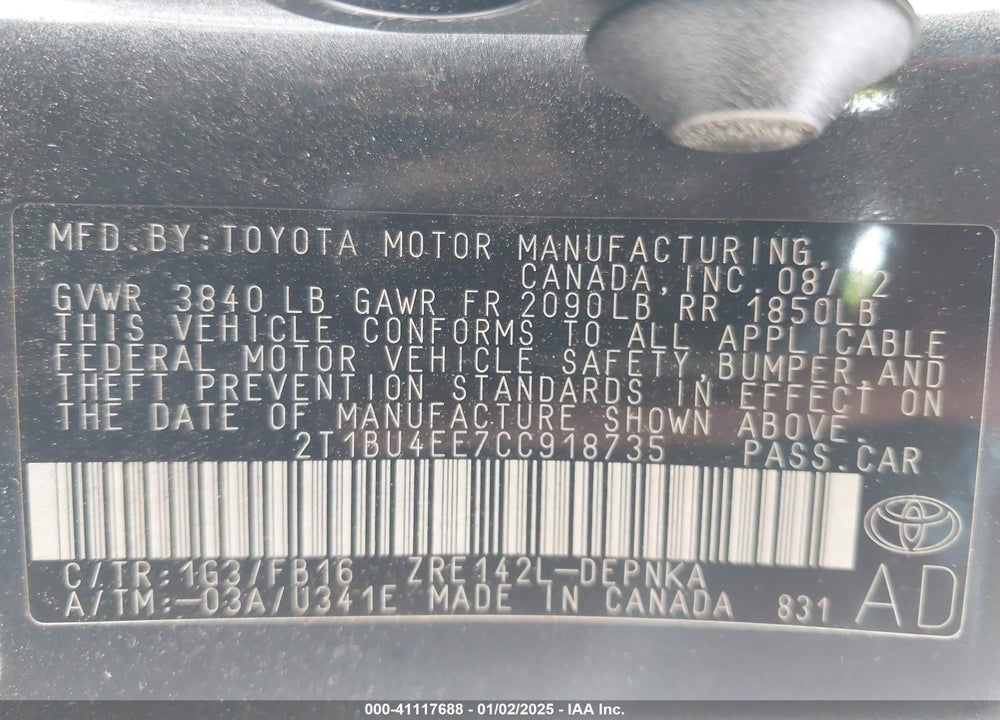 2012 TOYOTA COROLLA LE VIN: 2T1BU4EE7CC918735