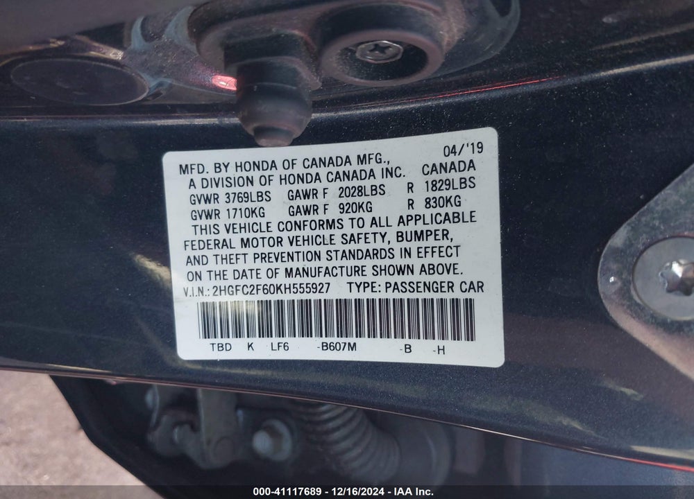 2019 HONDA CIVIC LX VIN: 2HGFC2F60KH555927