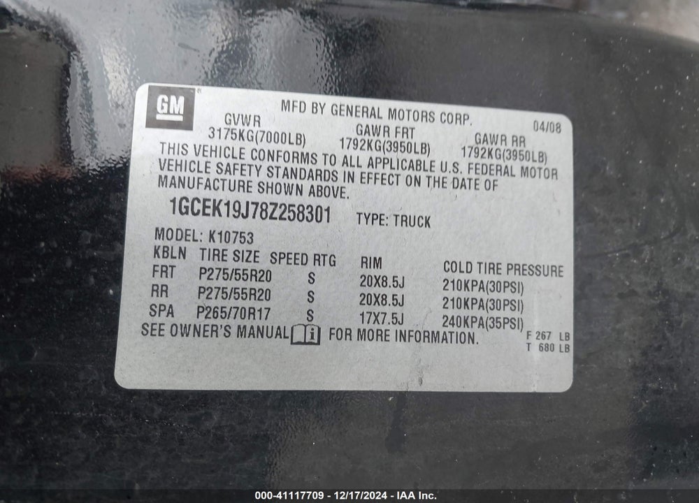 2008 CHEVROLET SILVERADO 1500 LTZ VIN: 1GCEK19J78Z258301